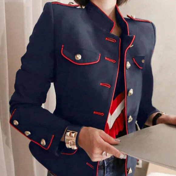 Navy Blue Casual Women's Single Breasted Color Block Long Sleeve Jacket - Picture 4 of 4